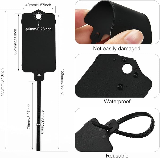 100pcs Blank Plastic Tags for Labeling Reusable Hanging Tags Ties Key Tag Storage Tag Waterproof Plastic Mark Label Writable Hang Sign with One Marker Pen (Black)