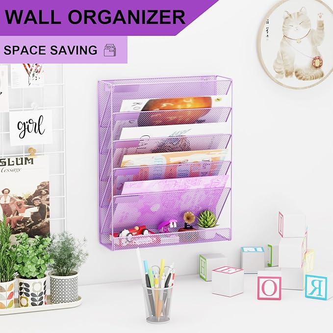 GDINDINFAN Wall File Organizer Holder Mesh Hanging Paper Document Holder, Vertical 6 Pocket Tier for Office Home, Light Purple