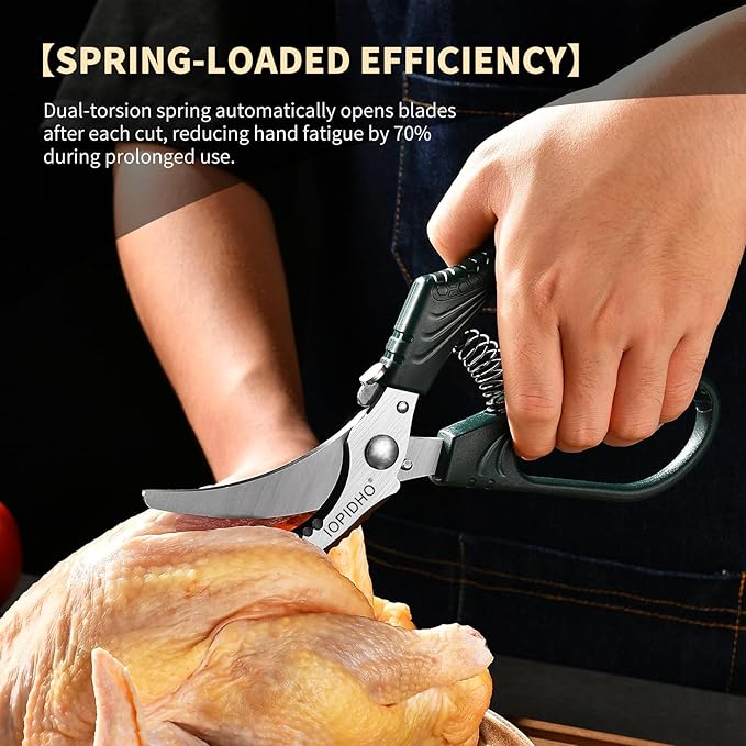 IOPIDHO Heavy Duty Poultry Shears, Kitchen Shears with Non-Slip Handle & Safety Lock, All Purpose Kitchen Scissors for Chicken, Meat Cutting, Turkey, Fish, Vegetables, Spring Loaded, Dishwasher Safe