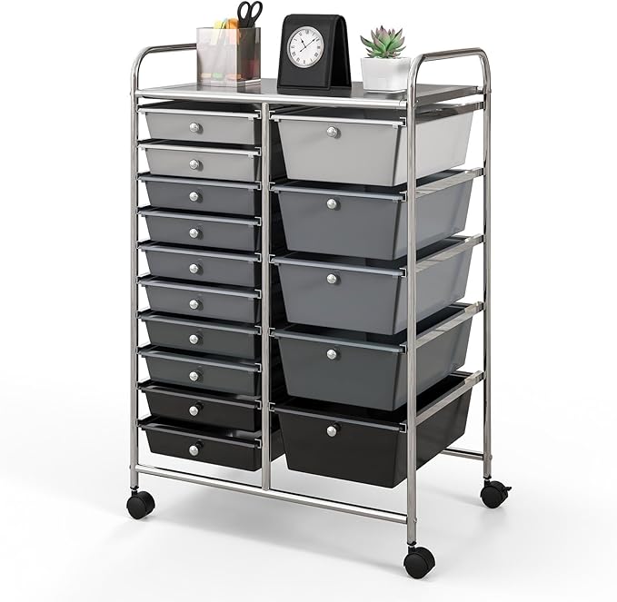 GLACER 15 Drawers Rolling Cart, Storage Cart with w/Removable Drawers & Steel Frame, Multipurpose Organizer Cart w/Sleek Handle, Utility Cart on Lockable Wheels for Home, School, Office (Grey)