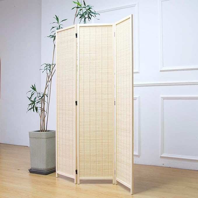 Furnnylane 3 Panel Room Divider and Folding Panel Screen,Bamboo Panel Divider Screen for Room Separation,Beige,67" H x 46" W
