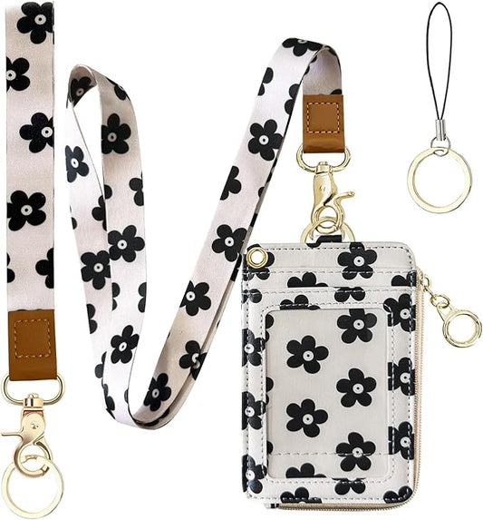 2-in-1 ID Badge Holder & Lanyard Wallet for Womens Cute Black Flower Leather Zip ID Case Wallet with Breakaway Wrist & Neck Lanyard, Clear Window, 5 Card Slots, Ring Keychain for Worker Teacher Nurse
