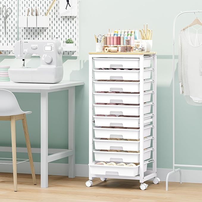 SYKIARIOL Rolling Cart with Drawers,10 Drawer Rolling Cart,Rolling storage cart with drawers,White Rolling Drawer Cart,Teacher Rolling Cart for Classroom Storage,Craft Cart with Wooden Tabletop