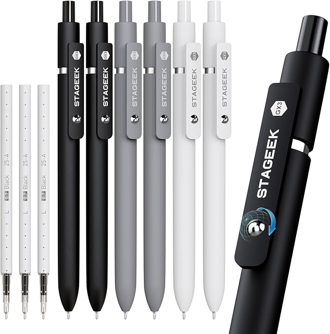 STAGEEK Black Gel Pens, 6Pcs Fine Point Smooth Writing Pens with 3 Extra Refills, Black Ink Pens for Journaling, Office, Note Taking, School Supplies, Nurse Aesthetic(Black Gray White)