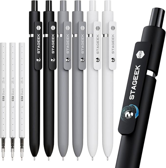 STAGEEK Black Gel Pens, 6Pcs Fine Point Smooth Writing Pens with 3 Extra Refills, Black Ink Pens for Journaling, Office, Note Taking, School Supplies, Nurse Aesthetic(Black Gray White)