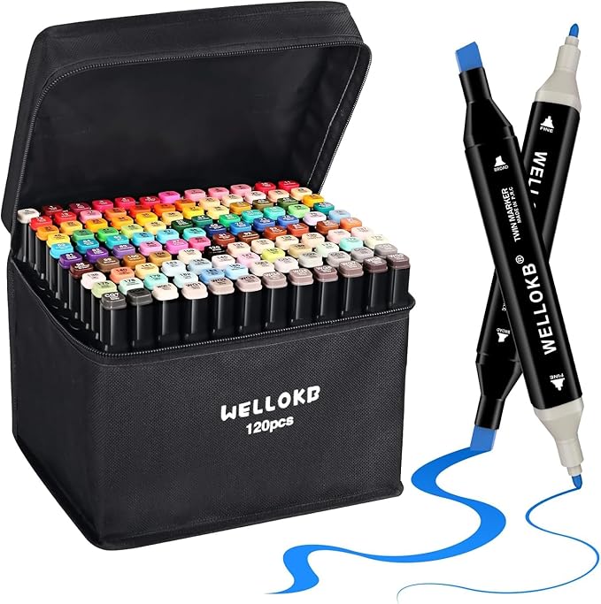 WELLOKB Alcohol Markers, 120 Colors Dual Tip Permanent Art Markers for Drawing,for Adult Coloring, Alcohol, Based Ink Ideal for Book Painting and Card Making