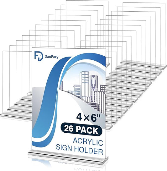 Daofary 26 Pack Acrylic Sign Holder 4 x 6 Clear Display Table Signs Stand, Double Sided T Shape Flyer Holder Plastic for Picture Paper Frame Holder Home Office Menu Retail Show Fair