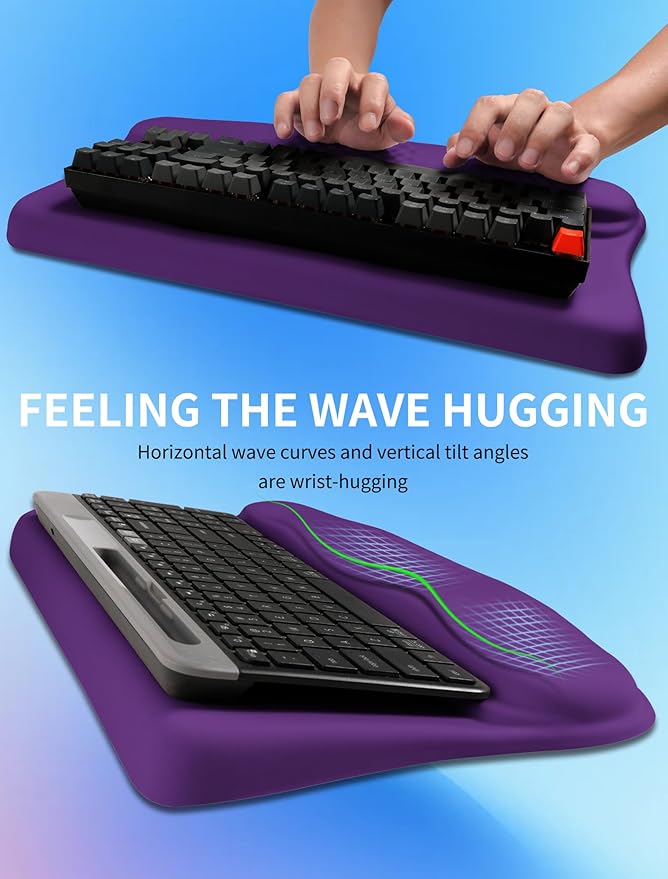 KUOSGM Ergonomic Wave Wrist Rest with Keyboard Stand, Cushioned Palm Rest, Comfortable Integrated Memory Foam for Natural Typing and Relieve Wrist Pain, Rich Purple