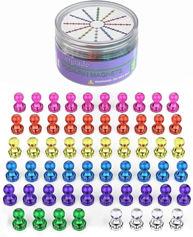 Tiergrade Push Pin Magnets - 58 Pack 7 Assorted Color Strong, Office, Use at Kitchen Home and School Classroom, for Refrigerator Dry Erase Board and Whiteboard.