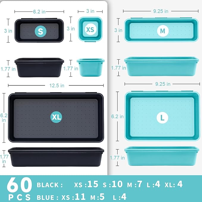 FLYVOLE Tool Box Organizer Tray, Toolbox Desk Drawer Organizer, Tool Box Tray, Toolbox Organization Storage for Rolling Tool Chest (60PCS (Blue+Black))