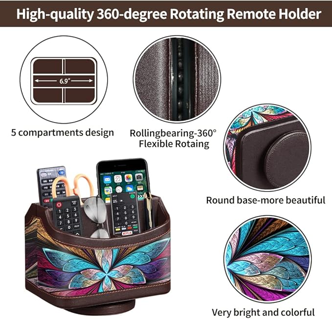 PUSU 360°Rotatable Remote Control Holder, PU Leather TV Remote Holder Caddy for Table, Bright and Colorful Art Supply Organizer Pen Holder, Multi-Functional Desk Organizer Living Room Office Decor