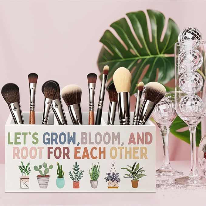 URLLUAE Boho Plant Classroom Wooden Pen Pencil Holder for Office Desk Accessories, Back to School Supplies for Students College Boys Girls Teachers First Day of School, Let's Root for Each Other