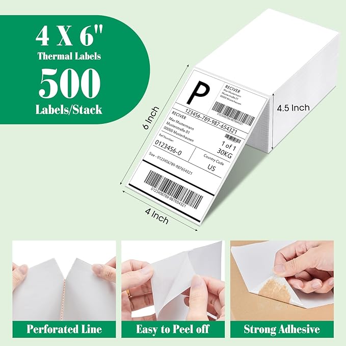 METRONIC Shipping Labels 4x6 500 PCS Fanfold Direct Thermal Labels, Perforated and Strong Adhesive Sticker Paper Thermal Printer Labels, Compatible with Rollo, JADENS, Phomemo, MUNBYN Printer