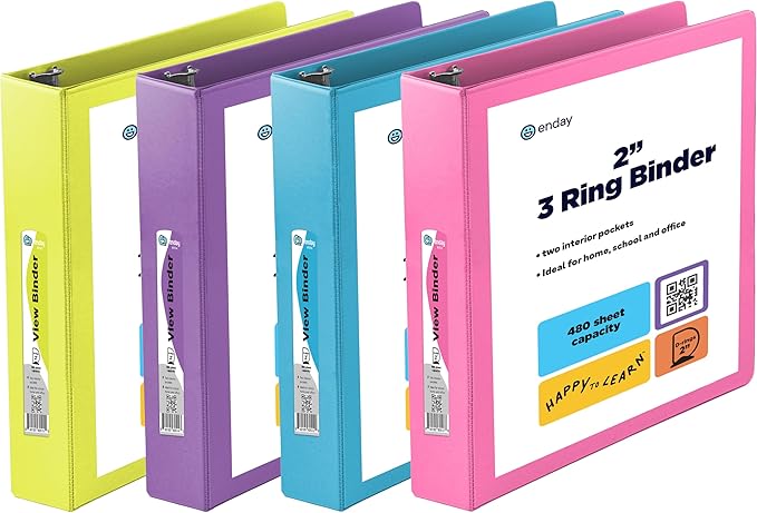 2 Inch Binder 3 Ring Binders, Slant D-Ring 2” Clear View Cover with 2 Inside Pockets, Heavy Duty Colored School Supplies Office and Home Binders Pink, Blue, Purple, Green (4 Pack) – by Enday