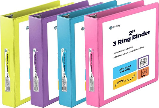 2 Inch Binder 3 Ring Binders, Slant D-Ring 2” Clear View Cover with 2 Inside Pockets, Heavy Duty Colored School Supplies Office and Home Binders Pink, Blue, Purple, Green (4 Pack) – by Enday