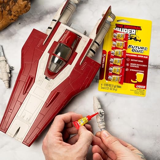 Super Glue Future Glue Liquid 6 Mini Single Use Tubes, Clear, Instant Bonding, Fast Dry, Professional Cyanoacrylate Adhesive, Great for Wood, Metal, Plastic, Crafts, Ceramic, and Toy Repairs