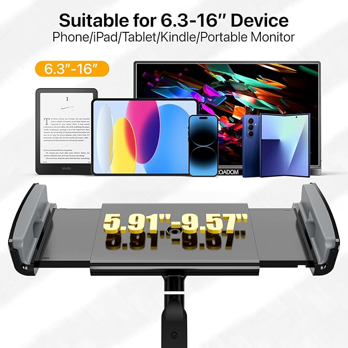 Tablet Stand Holder-Adjustable iPad Desk Mount with 360° Rotating Base for 6.3-16" Devices-Foldable Aluminum ipad Arm Mount for Desk,Bed,Kitchen-Compatible with iPhone,iPad,Tablet,Portable Monitor