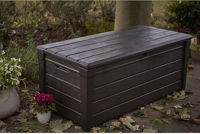Keter Outdoor Storage Deck Box, for Patio, Backyard & Garden, Brightwood, 120 Gal, Brown - Lockable, Organizing, and Waterproof Plastic Container Bench