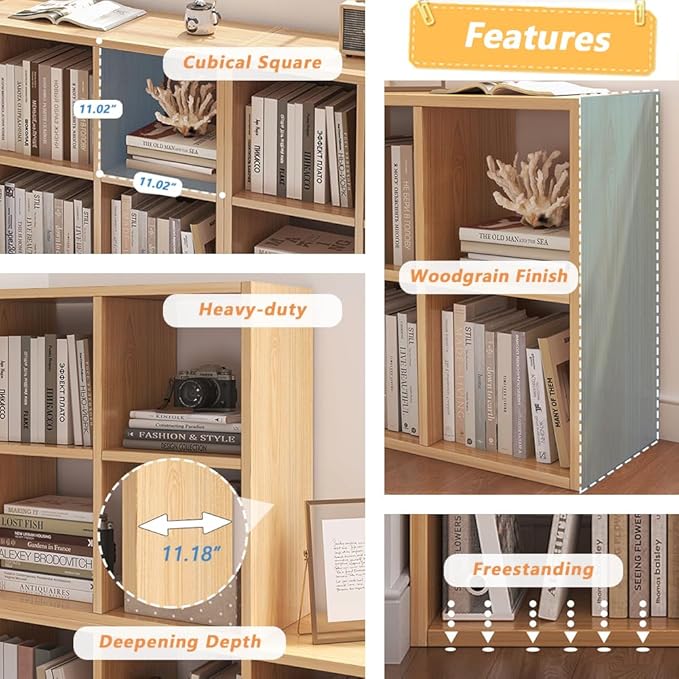 NELYE 6 Cube Organizer Bookcase - Fabric Storage Bins Container, Open Shelf Simple Compartments Bookshelf, Oak
