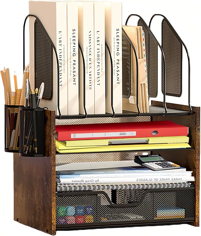Boershun Wood Desk Organizer - 4-Tier Desktop File Organizer with Drawer, Wooden Paper Tray, Vertical File Holders & 2 Pencil Holders - Office Desk Organizer for Papers, Mail, Notebooks, Stationery