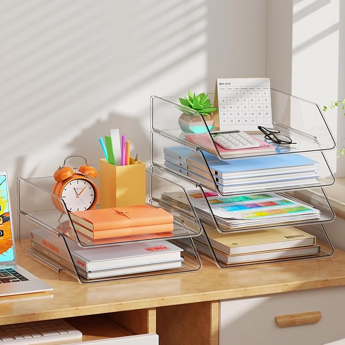 YKLSLH Simple 4 Tier Paper Organizer Letter Tray - Acrylic Stackable Desk File Organizer, Clear Paper Sorter Office Organizer for Letter/A4, Office File Ipad Books Notes Etc