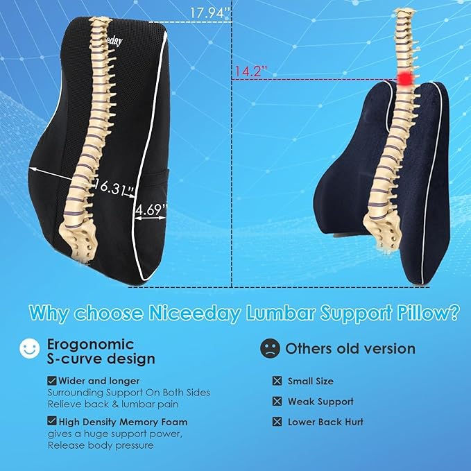 Niceeday Lumbar Support Pillow for Office Chair Car Back Support Pillow, Memory Foam Gaming Chair Desk Chair Back Cushion for Lower Back Pain Relief, Ergonomic Back Rest,Stocking Stuffers