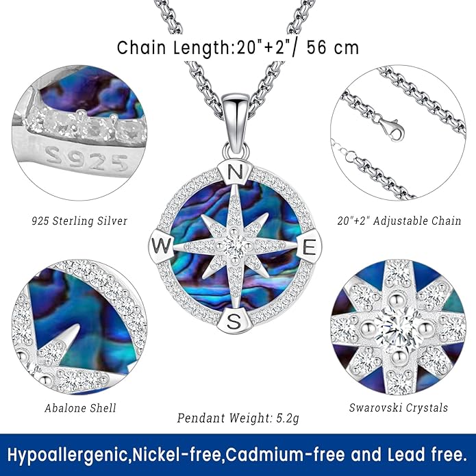 Compass Necklace for Women Men 925 Sterling Silver Pendant Urn Necklaces for Ashes Picture Locket Necklace Anchor Necklace Viking Necklace Crystals CZ Moonstone Abalone Shell Turquoise Compass Jewelry