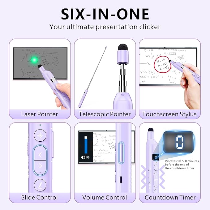 Norwii N21 Bluetooth Presentation Clicker with Telescopic Teaching Pointer, Presentation Remote with Retractable Stick for PowerPiont, Wireless Presenter, Slide Advancer - Purple