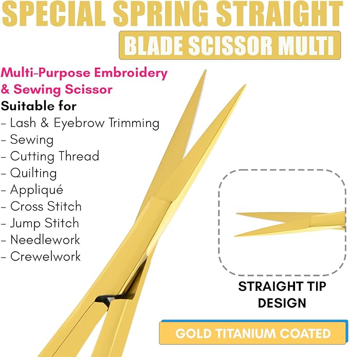 Cross Edge Spring Scissors 5 Inch straight Stainless-Steel Precision Eyebrow & Eyelash Shaping Trimming Scissor, Best for Squeeze Scissors, Embroidery & Knitting Micro Tip Craft (Gold Glitter Black)