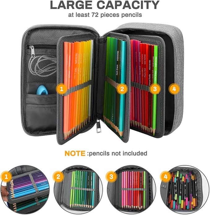 Number-one Large Capacity Pencil Case, 72 Slots Colored Pencil Pouch Bag Portable Pencil Holder Stationery Organizer with Compartments for Office and Travel, Grey