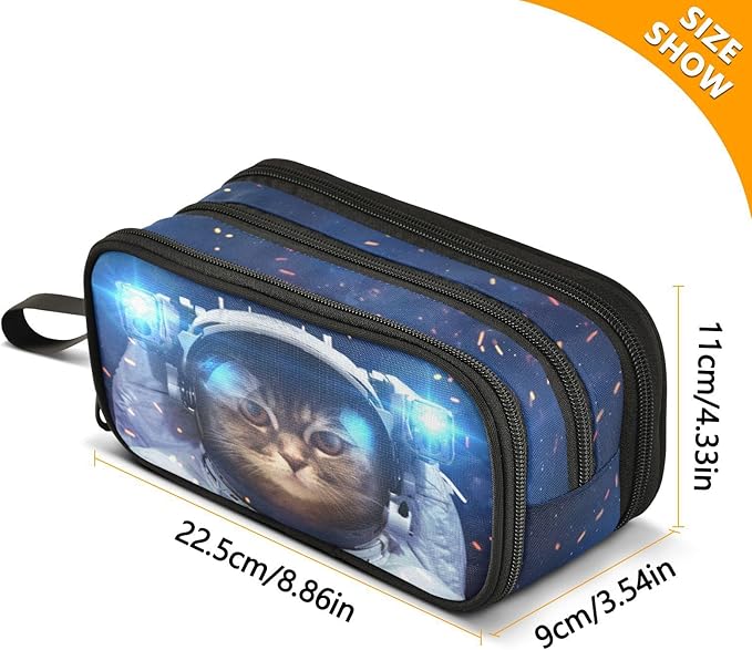 Cat Astronaut Pencil Case Box Boys Girls Large Pencil Pouch with Zipper Compartments Big Capacity Stationery Pen Bag Organizer for Kids Teens Adults School Office