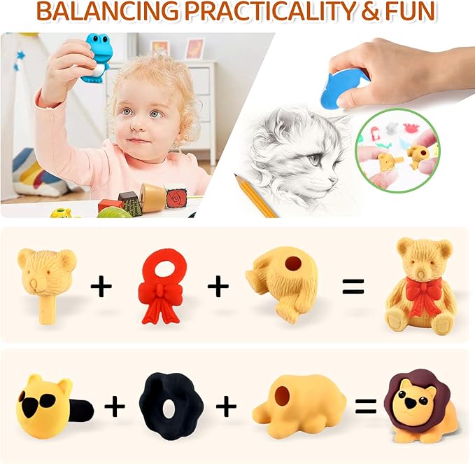 URSKYTOUS 36Pcs Animal Erasers Kids Desk Pets Pencil Erasers 3D Puzzle Bulk Mini Animal Eraser Toys Fun Cute Eraser for Classroom Rewards, Game Prizes, Treasure Box, Easter Egg Fillers