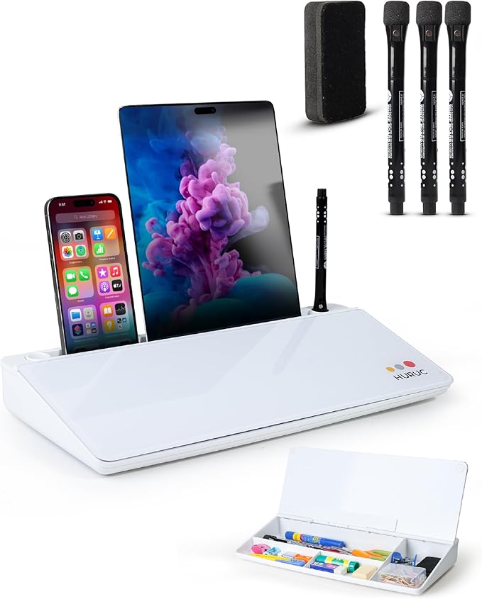 HURUC Small Glass Desktop Whiteboard with Storage,15.3"x7.08"x2.16" inch Desk White Board with Markers & Duster, Desktop Dry Erase Board, Desk Buddy Organizer for Home, Office, School (White)