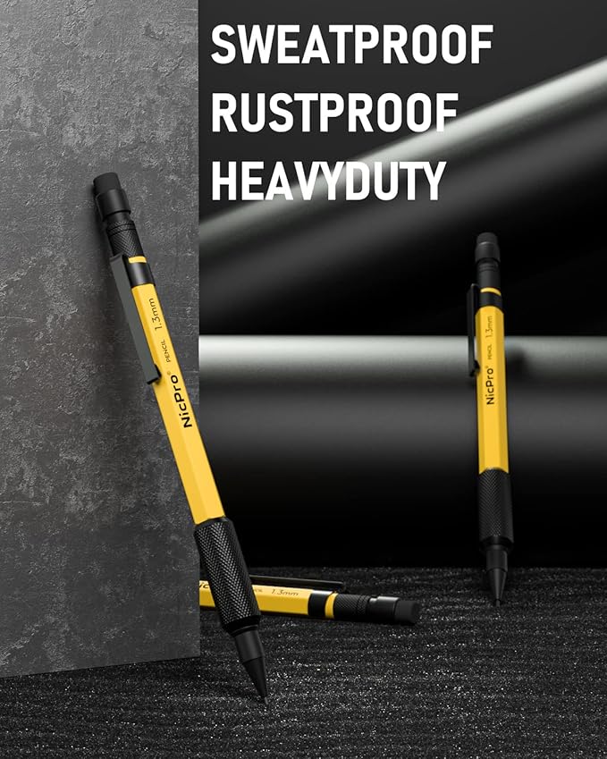 Nicpro 3 PCS 1.3 mm Mechanical Pencil Set with 48 Lead Refills, 3 Eraser - Weatherproof Metal Barrel, Heavy Duty Carpenter Pencil MP2000 for Outdoor Marking Drafting Drawing Woodworking - with Case