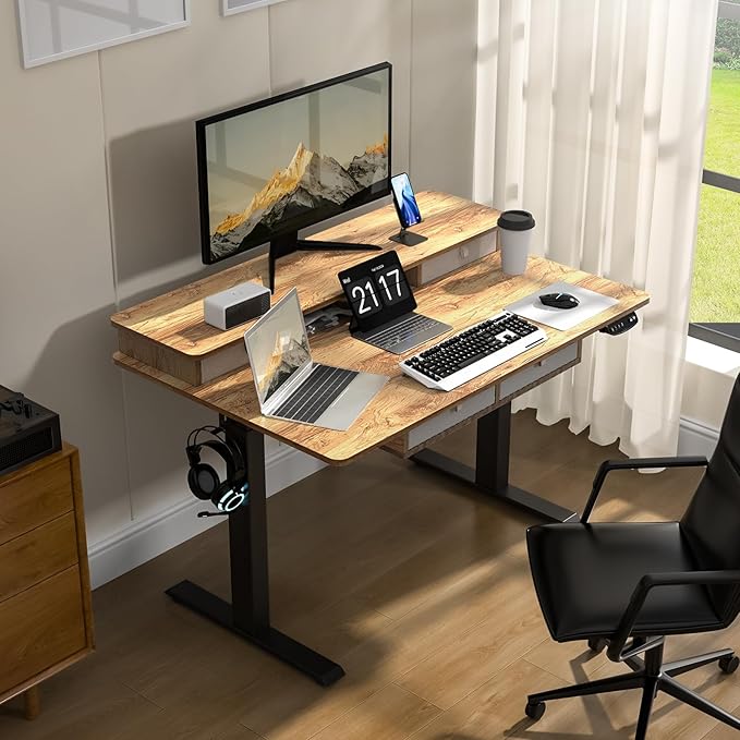 ExaDesk 48 * 30 Inches Electric Standing Widened Desk Adjustable Height with 4 Drawers, Double Storage Shelves Stand Up Desk, Home Office Workstation Sit Stand up Desk (Light Rustic Brown)