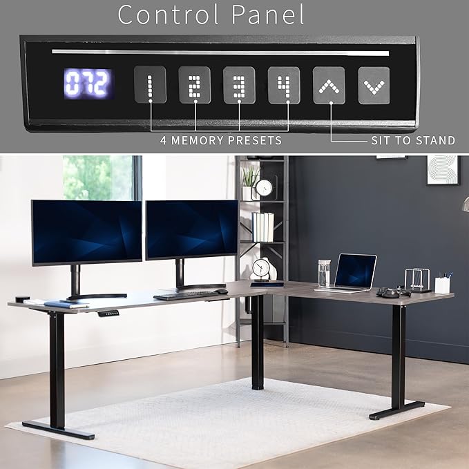 VIVO Electric Corner 84 x 63 inch L-Shaped Standing Desk, Memory Height Adjustment, Dark Gray Top Black Frame, DESK-E3CTBG-84