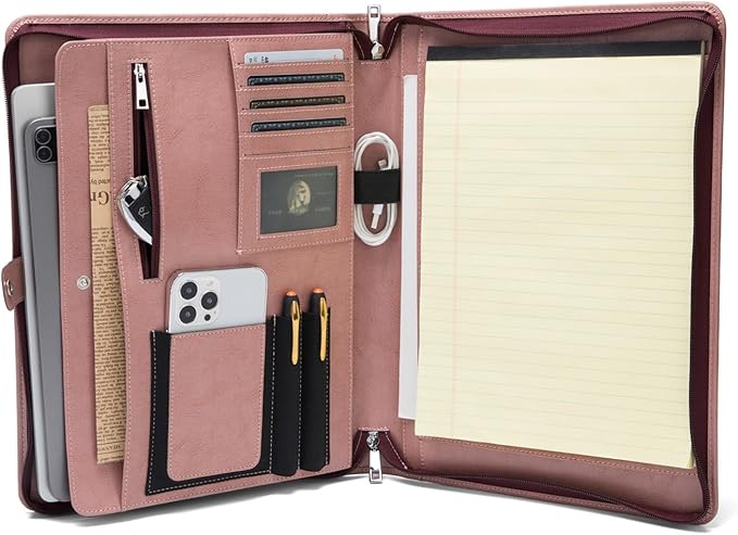 Geslun Personalized Vegan Leather Portfolio, Legal Size 8.5 x 14 Pad Holder, Custom Business Padfolio for Women, Zippered 14" Laptop Organizer, Professional Notepad Folio, Pink