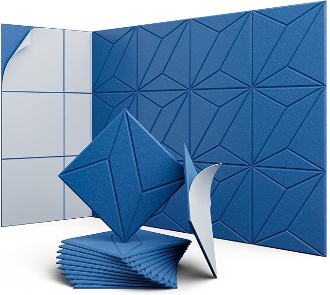 UNECHO 12 Pack 12" X 12" X 0.4" Acoustic Panels for Wall Sound Absorbing, P-Stripes Square Self-Adhesive Sound Panels, High Density Suitable for Multiple Scenarios(Yale Blue)