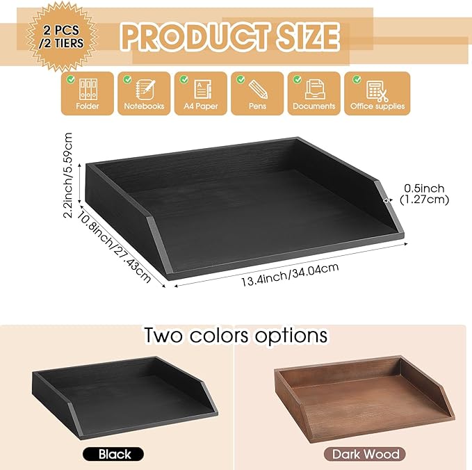 Beeveer 2 Pcs Wooden Letter Trays Wood Letter-Size Desk Organizer Heavy Duty 2 Tier Stackable Supports Paper Tray Desktop Drawer Organizer File Folder Magazine Office Accessories (Black)