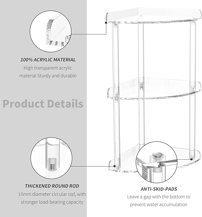 Sezanrpt 3 Tier Countertop Corner Organizer Shelf 7x7x15.7 Inch, Countertop Acrylic Bathroom Corner Shelf, Clear Vanity Storage Organizer for Cosmetics, Toiletries