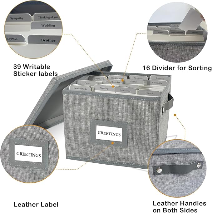 Greeting Card Organizer Box with 16 Dividers,Collapsible Greeting Card Storage Box with Handles Hold 150+ Cards,Greeting Card Holder for Greeting Cards,Sticker, Recipes, Photo, Envelope (Gray, 1 pcs)
