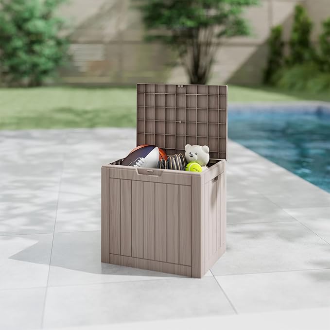 Yardgrace 35 Gallon Small Waterproof Outdoor Storage Box, Resin Deck Box Lockable for Patio Furniture, Garden Tools, Pool Accessories, UV-Resistant for All Weather Use, Greige