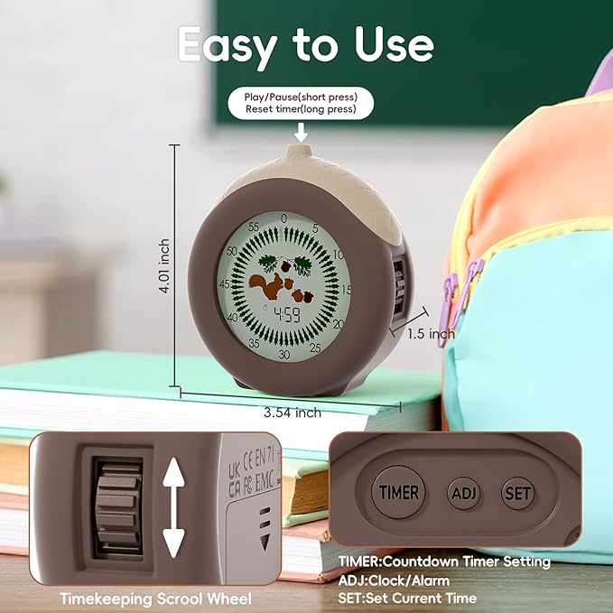 Visual Timer for Kids, 299-Minute Cute Kids Squirrel Timer, ADHD Autism Toddler Support, Visual Timer for Classroom, Homeschool Supplies Study Teaching Time Management Tool