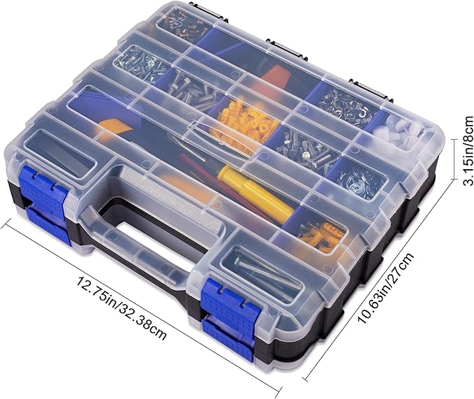 Hardware Organizer Box with 34 Compartments & Removable Dividers - Durable Plastic Double Side Tools Box for Nuts, Bolts, Screws, Nails & Small Hardware (Blue)