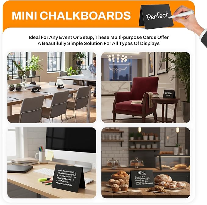 12 Pack Mini Chalkboard Signs for Food, 4”x3” Small Reusable Chalk Board Signs w/Spray Bottle, Food Labels for Party Buffet, Table Signs for Wedding, Name Tags & Bakery w/ 2 Markers & Wiping Cloths