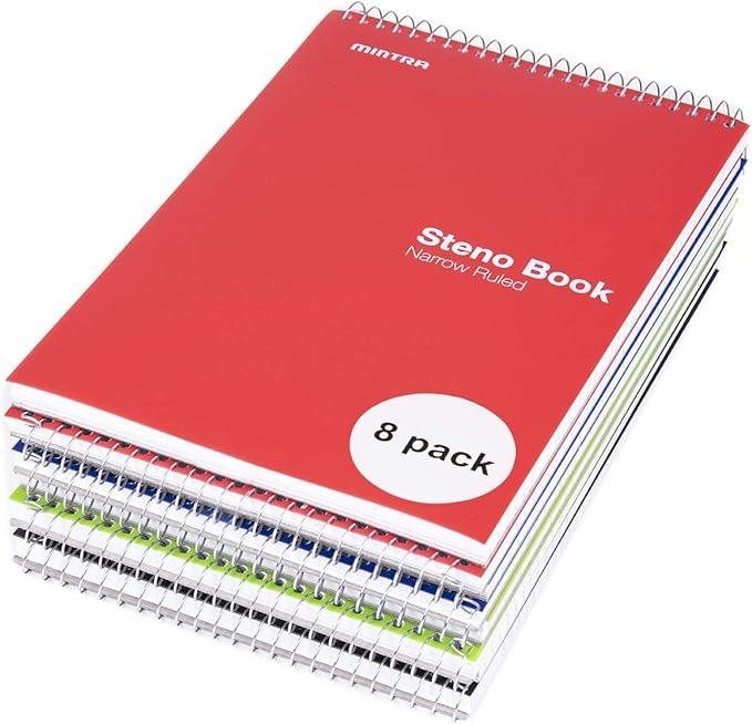 Mintra Office Steno Book - (Primary Colors, 8 Pads/Pack, Narrow Ruled) - Colorful Poly Covesr, 6" x 9", 100 sheets, Writing Notes for school, office, work, 6x9 steno notepad, top bound spiral (8 PACK)