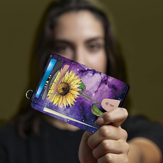 BWEGRHE Small Travel Wallets, Sunflower Yellow Purple Galaxy Slim Minimalist Front Pocket Wallet with Wristlet, RFID Blocking PU Leather Credit Card Holder with ID Window Change Purse for Men Women