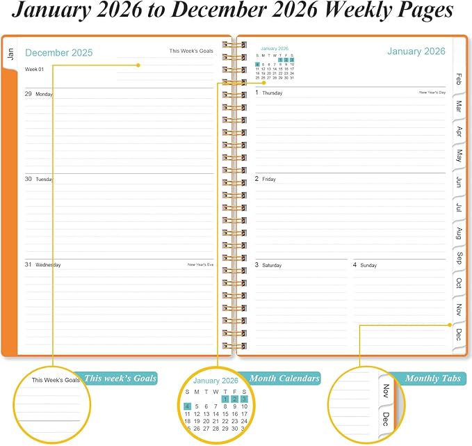 2026 Planner - Planner 2026 from January 2026 - December 2026, Weekly & Monthly Planner Spiral Bound with 12 Monthly Tabs, Inner Pocket, 6.4" x 8.5", Orange-A