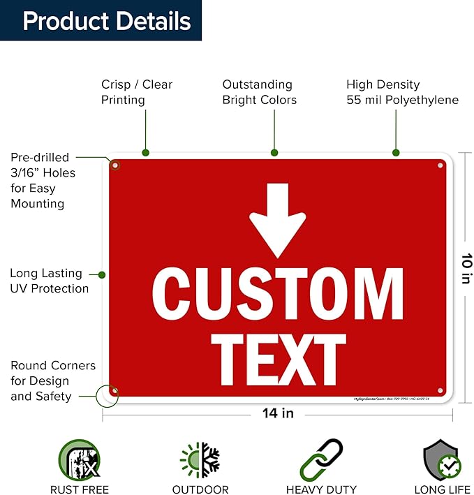 Custom Arrow,Custom Directional Sign, Down Arrow,10x14 Inches, 55 mil thick HDPE (high density polyethylene), Made in USA by My Sign Center