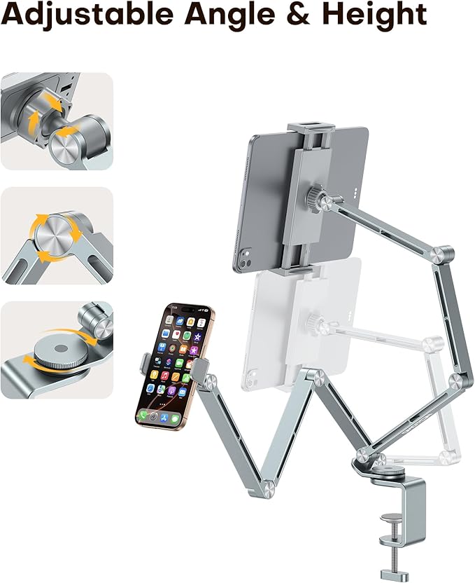 OMOTON GH03 Adjustable Tablet Stand for iPad, Desk Phone Holder for Bed with 2 Clamps, Flexible Aluminum Alloy Mount with 360° Rotation for 4-13" Devices